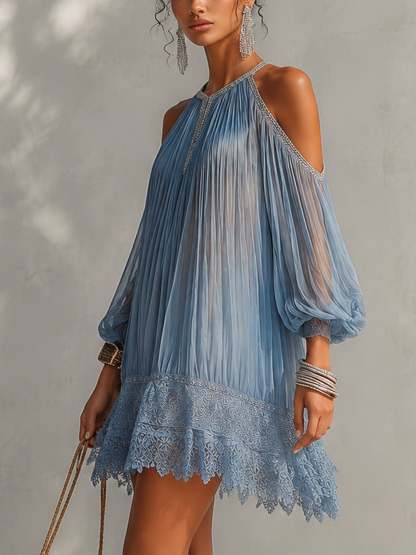 Blue Off-Shoulder Ruched Mini Dress with Lace Hem