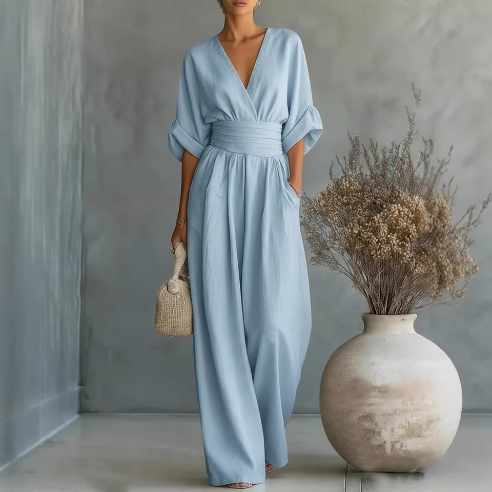 Elegant Vacation Casual Fashion V-neck Waist Jumpsuit