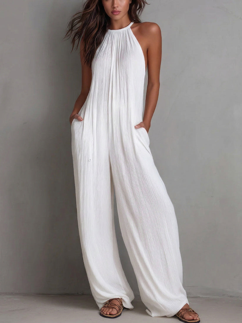 Minimalist Halter-neck Loose Cotton-linen Jumpsuit