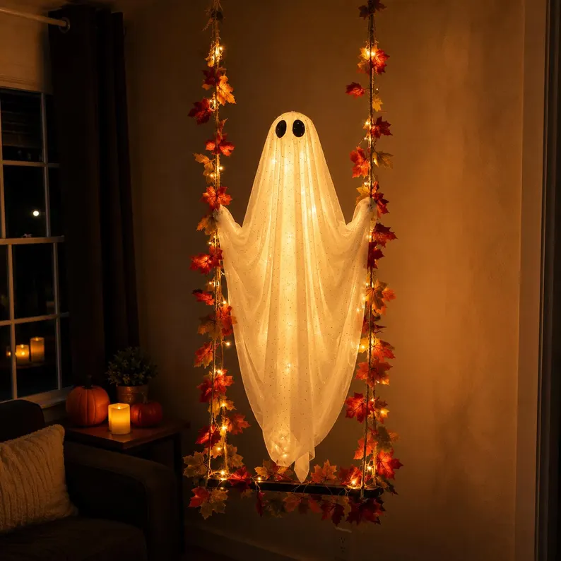 Halloween Decorations Hanging Ghost Decor with a Maple Leaf Swing Ghost Light