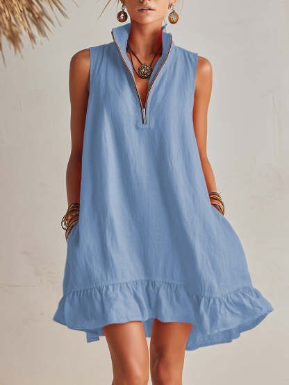 Vibrant Resort Orange Cotton Linen Half-Zip Stand Collar Ruffled Hem Mini Dress