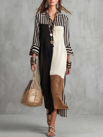 Striped Split-Joint Contrast Color Three-quarter Sleeves Ruffle Sleeves Lapel Midi Dresses