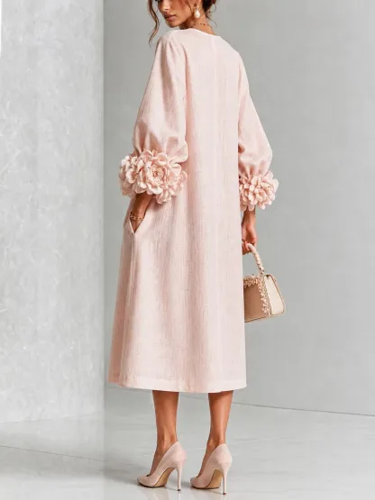 Elegant Blush Pink 3D Rosette Midi Dress
