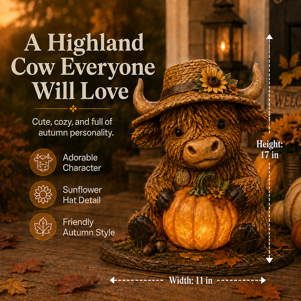 Solar Highland Cow Pumpkin Light for fall decoration