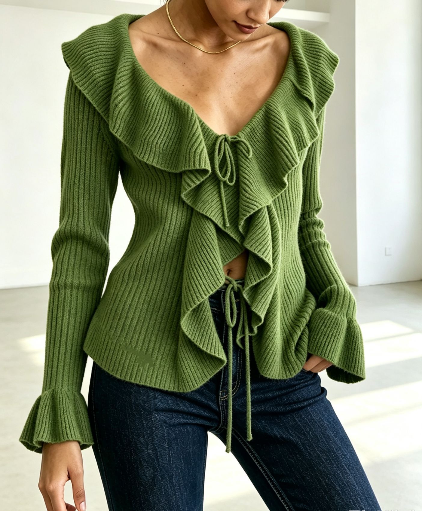 Women's Ruffled Tie-Front Ribbed Knit Cardigan
