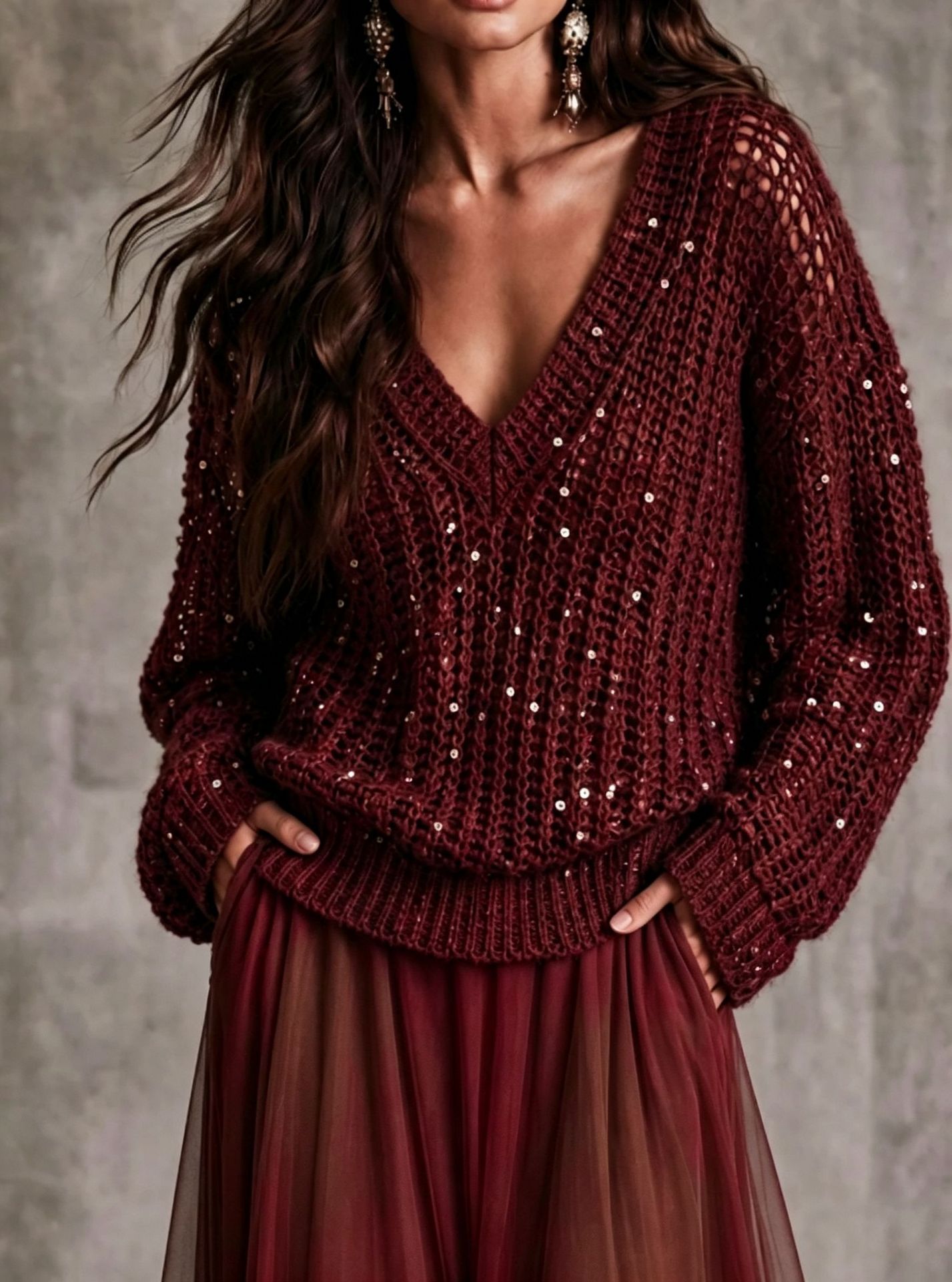 Women V‑Neck Hollow Mesh Sequin Embellished Oversized Long Sleeve Knit Sweater