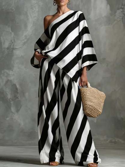 Striped Asymmetric Top & Wide-Leg Pants Set