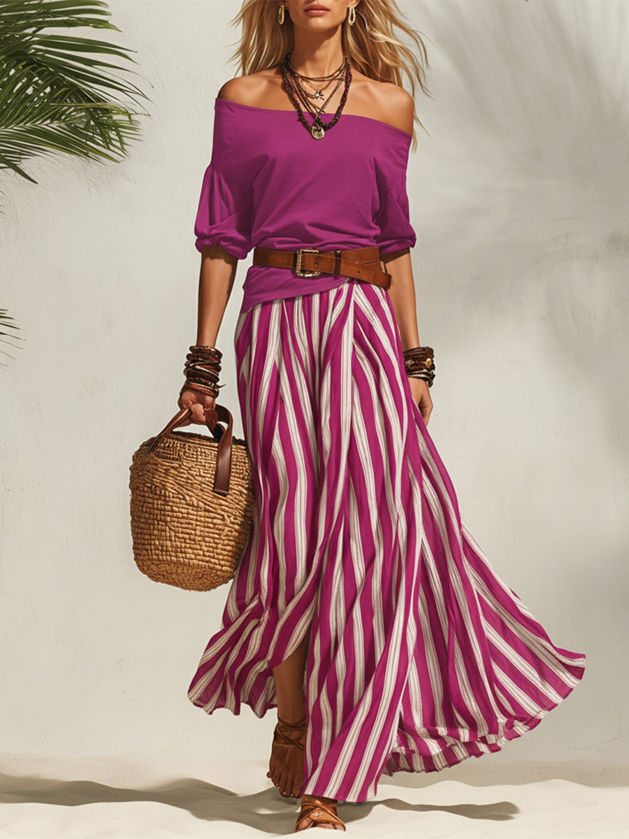 Nautical Vacation Style Navy Blue Off-the-shoulder Top And Navy Blue And White Striped Chiffon Slit Skirt Set