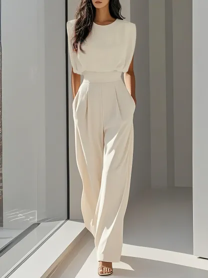 Women Off White Crew Neck Sleeveless Dressy Jumpsuit With Pockets