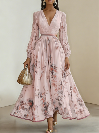 White Pleated Floral Chiffon V Neck Long Sleeve Balloon Sleeve A-Line Maxi Dress