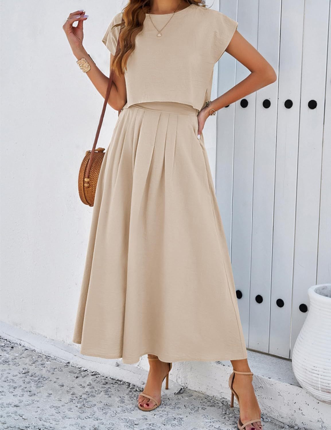 2025 Summer Skirt Sets Women 2 Piece Outfits Cap Sleeve Top Elastic Waist Maxi Dress Sets with Pockets