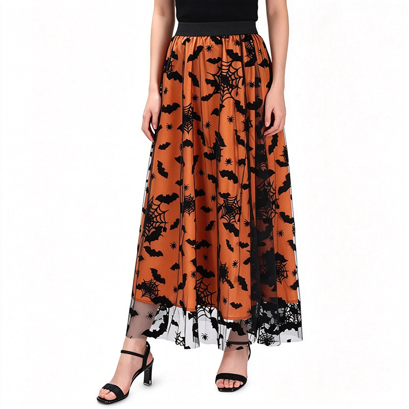 Polyester Women's High-waisted Casual Loose Halloween-themed Flocked Print Mesh A-line Skirt