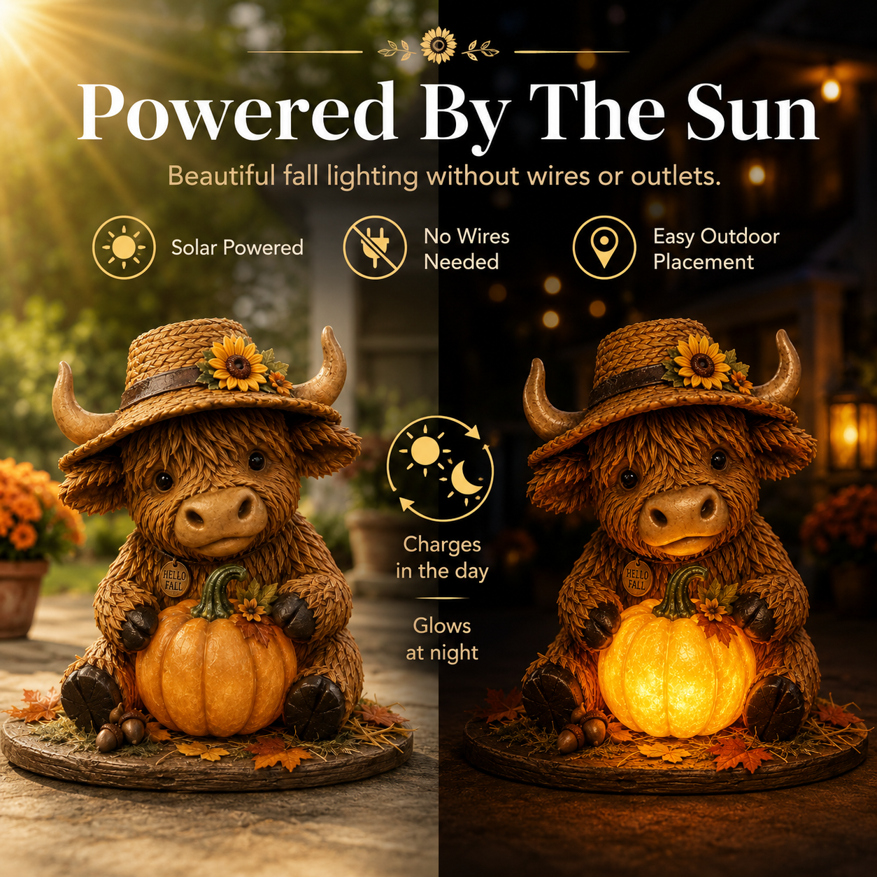 Solar powered Highland Cow Pumpkin Light day and night