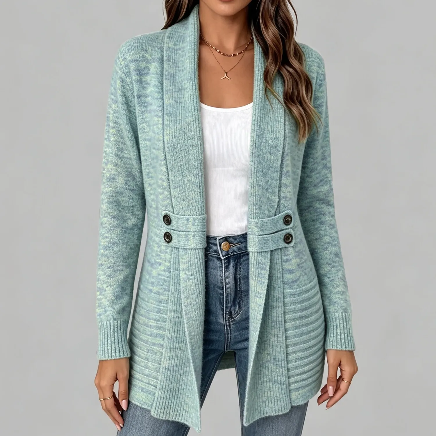 Women's Casual Chic Shawl Collar Side Button Detail Long Sleeve Knit Cardigan