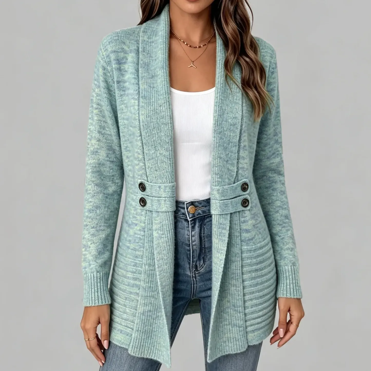 Women's Casual Chic Shawl Collar Side Button Detail Long Sleeve Knit Cardigan