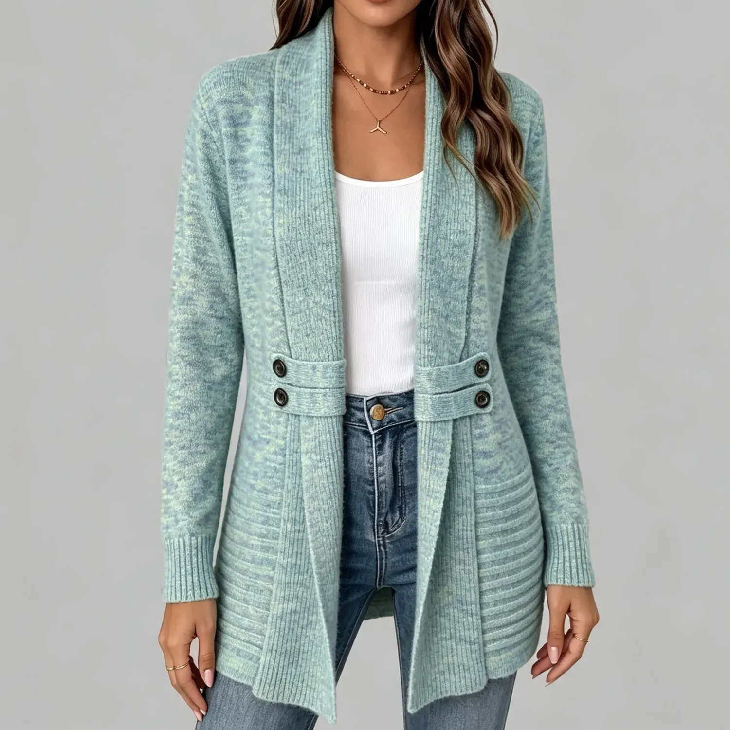 Women's Casual Chic Shawl Collar Side Button Detail Long Sleeve Knit Cardigan
