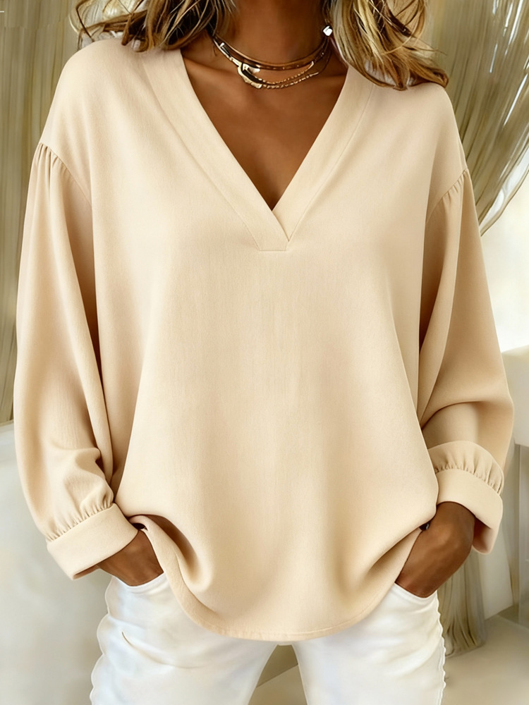 Women's Oversized V-Neck Pullover Shirt Long Sleeve Solid Color Casual Blouse