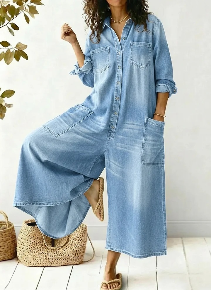 Women's Cozy And Casual Denim Jumpsuit With Large Front Pockets
