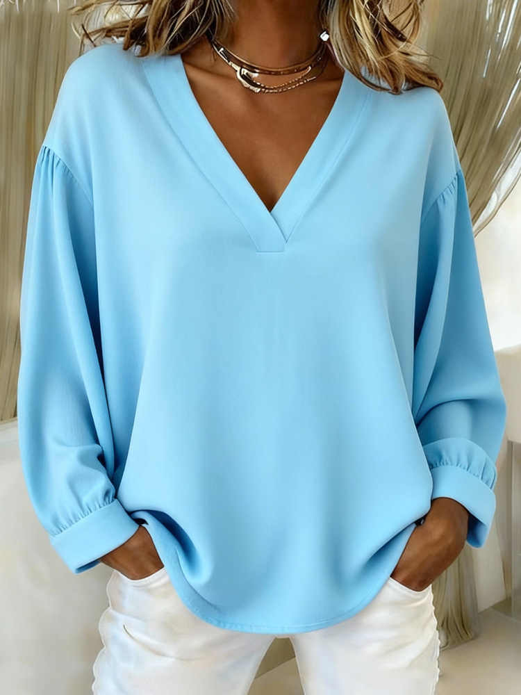 Women's Oversized V-Neck Pullover Shirt Long Sleeve Solid Color Casual Blouse