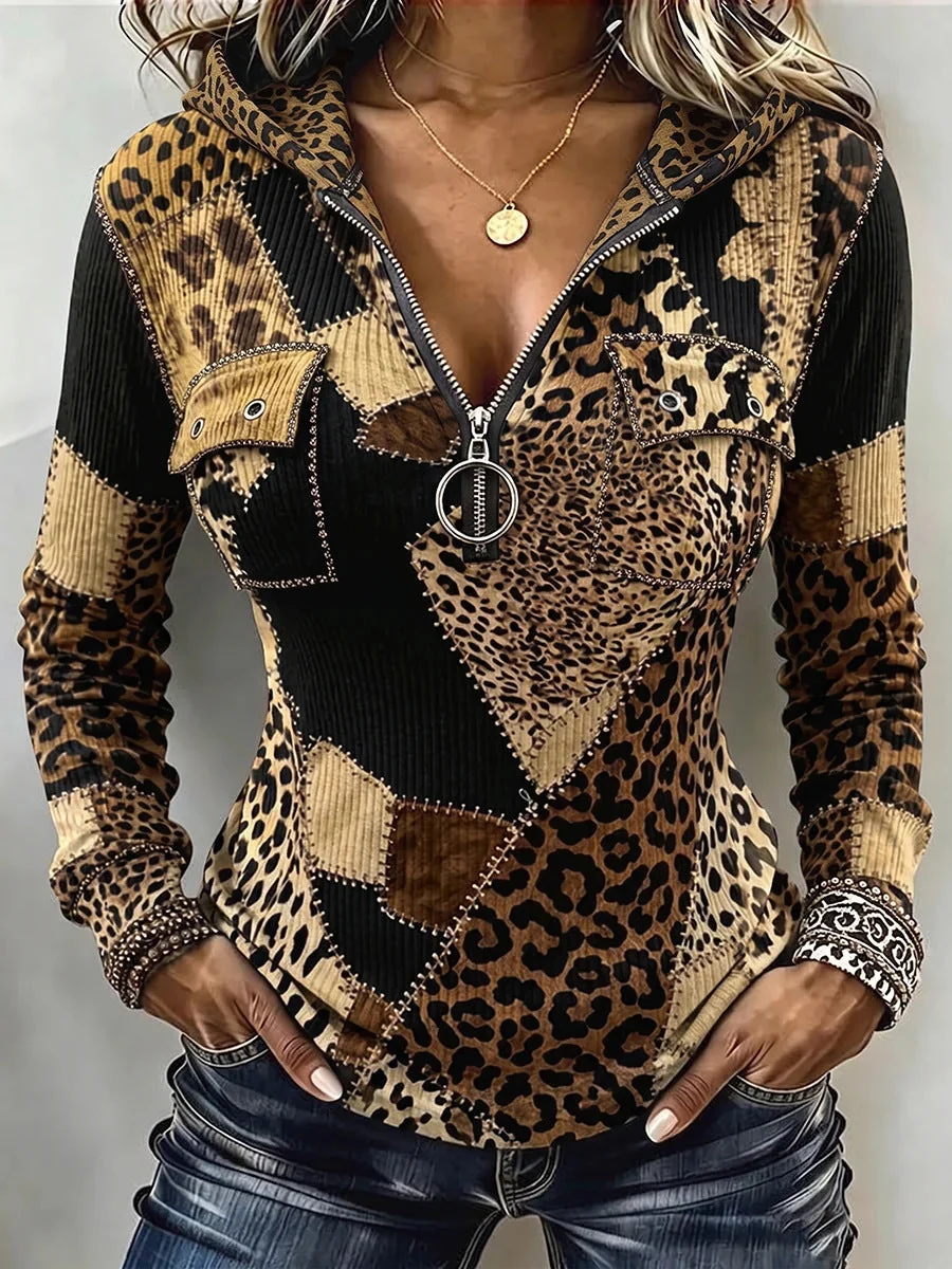 Chic Leopard-print Ombre Ribbed Knit Hoodie