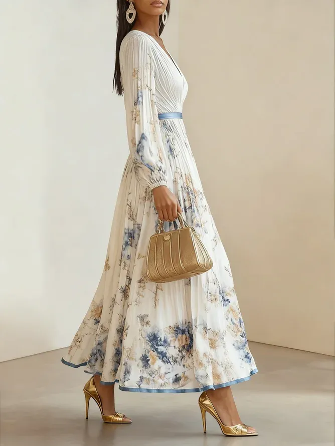 White Pleated Floral Chiffon V Neck Long Sleeve Balloon Sleeve A-Line Maxi Dress