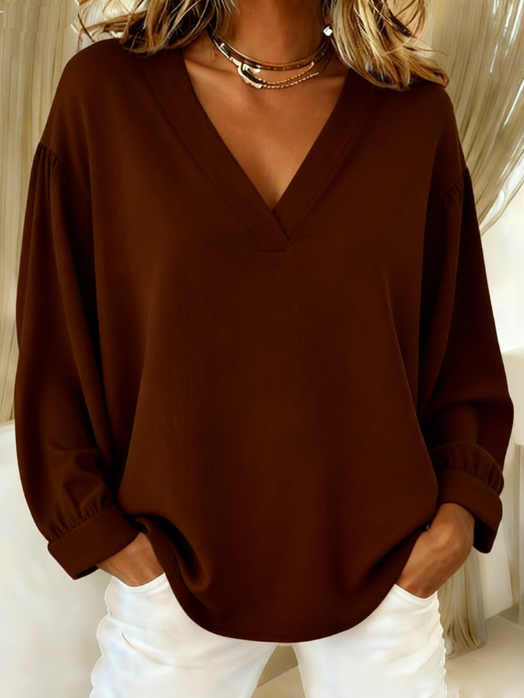Women's Oversized V-Neck Pullover Shirt Long Sleeve Solid Color Casual Blouse