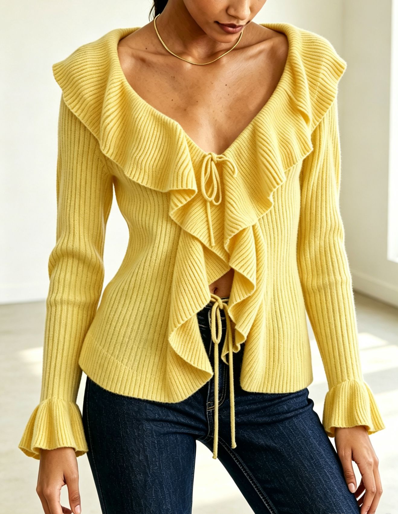 Women's Ruffled Tie-Front Ribbed Knit Cardigan
