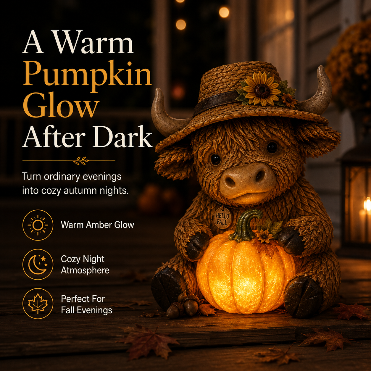 Highland Cow Pumpkin Light glowing at night