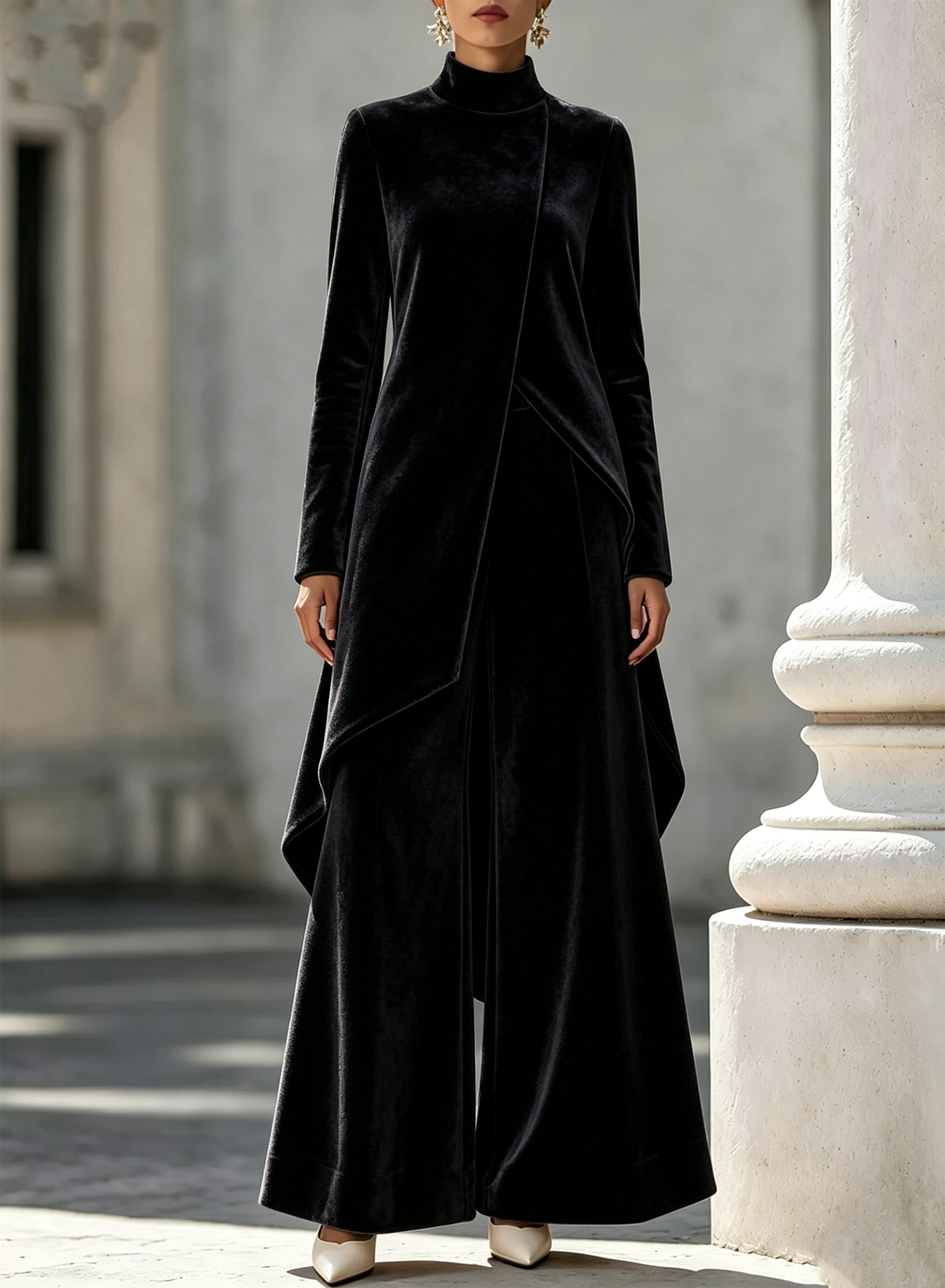 Elegant And Luxurious Velvet High-neck Top And Trousers Set