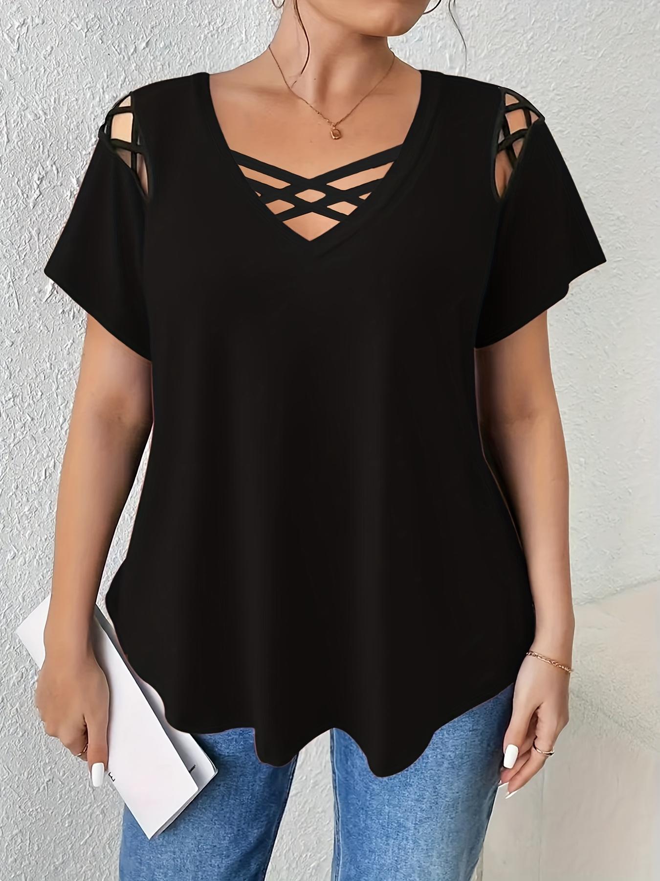New Arrival🔥Elegant Women's Plus Size V-Neck Short Sleeve T-Shirt, Solid Color Cross Strap Detail, Casual Fashion Top for Ladies