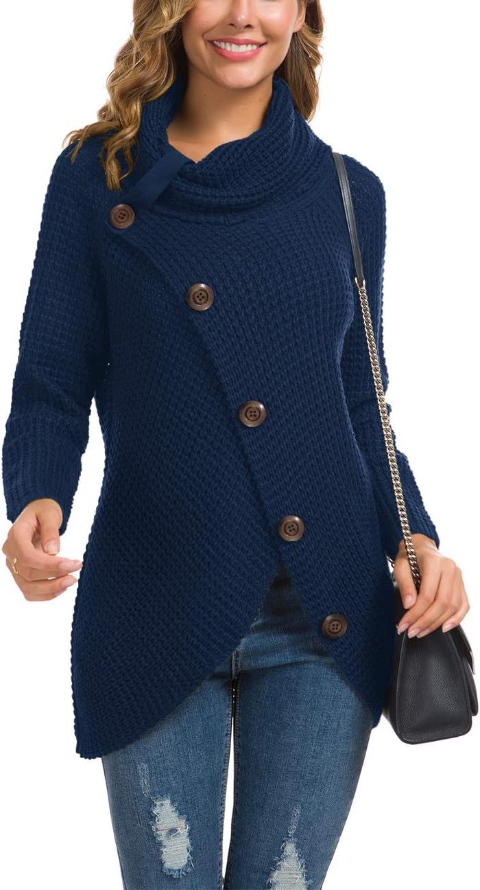 Women's Chunky Turtleneck Long Sleeve Asymmetric Hem Loose Knit Pullover Sweaters