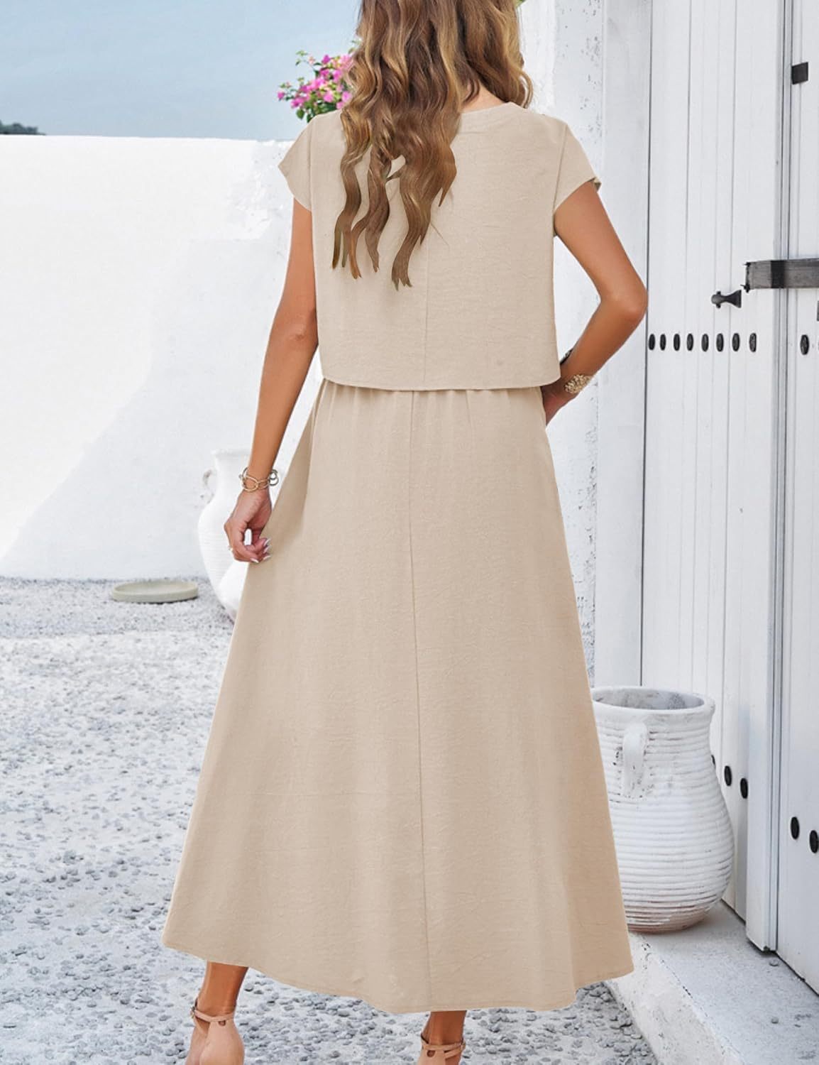 2025 Summer Skirt Sets Women 2 Piece Outfits Cap Sleeve Top Elastic Waist Maxi Dress Sets with Pockets