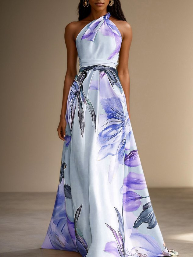 Pink Floral Satin One Shoulder Sleeveless A-Line Floor-length Gown With Pockets