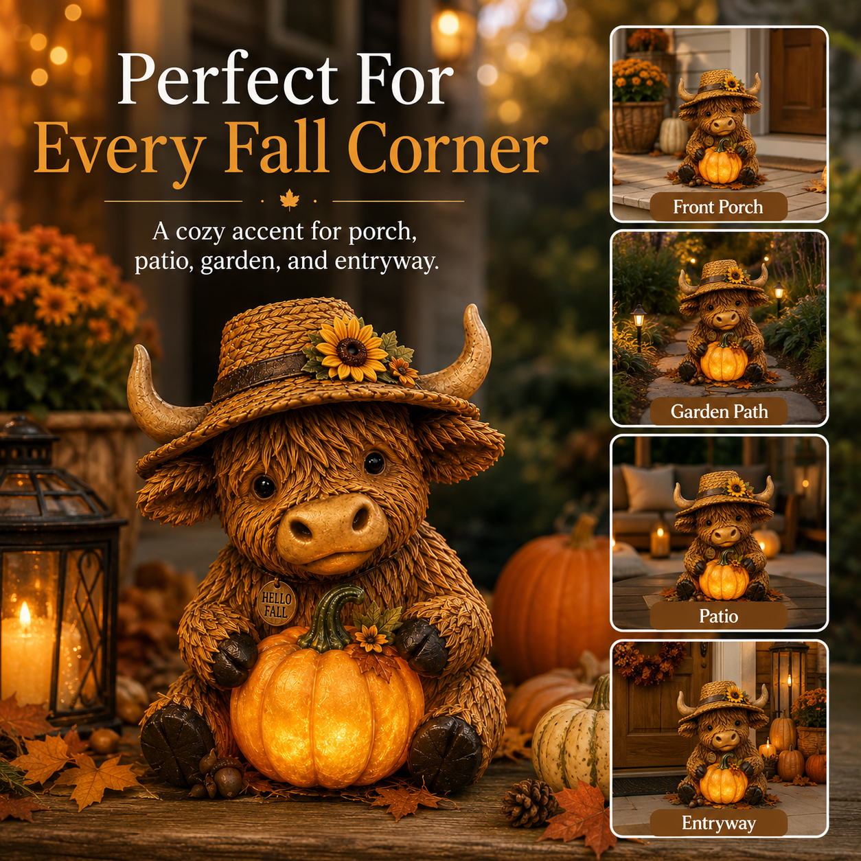 Highland Cow Pumpkin Light porch garden patio placement