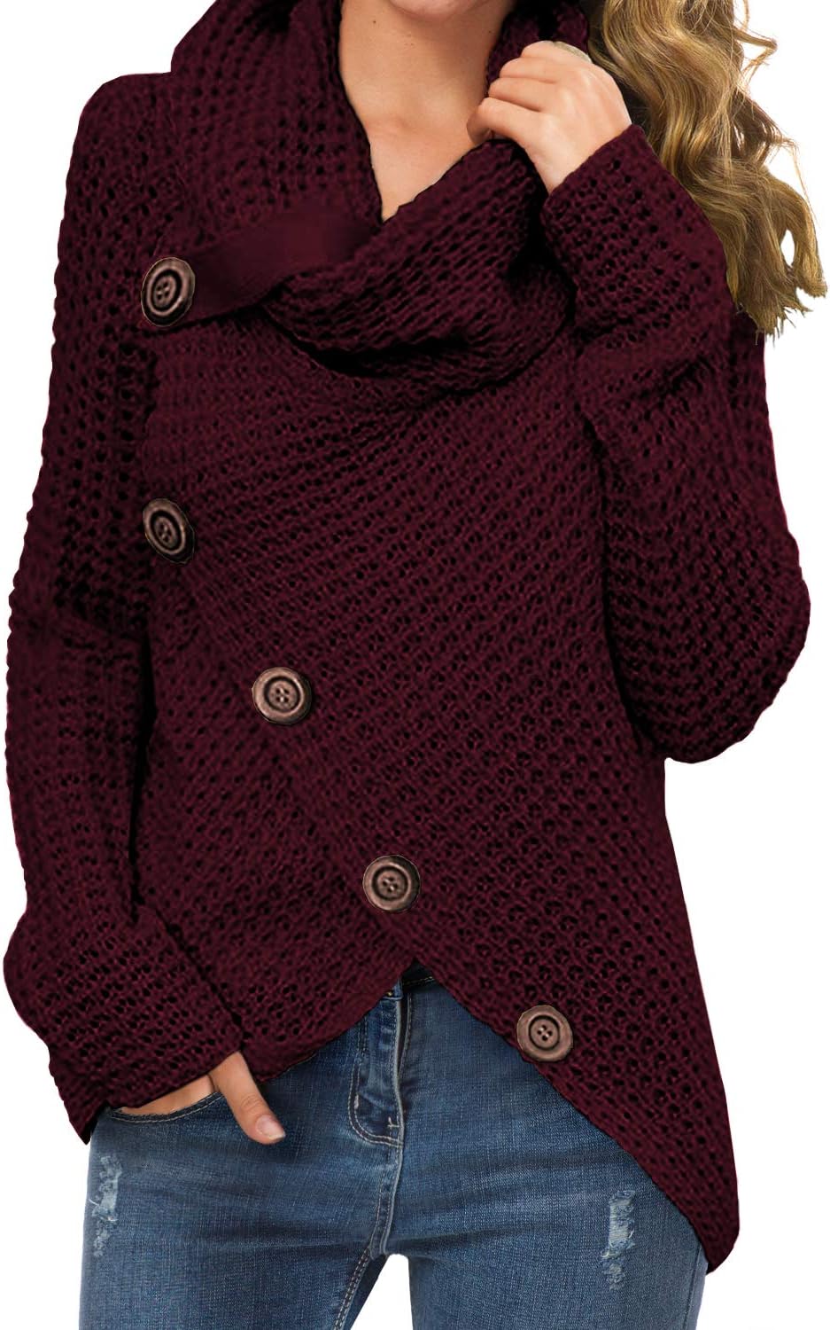 Women's Chunky Turtleneck Long Sleeve Asymmetric Hem Loose Knit Pullover Sweaters