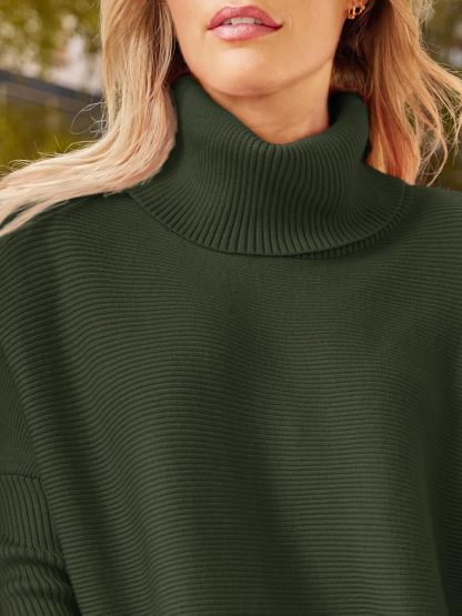 Women's Turtleneck Oversized Sweaters Long Batwing Sleeve Spilt Hem Tunic Pullover Knit Tops