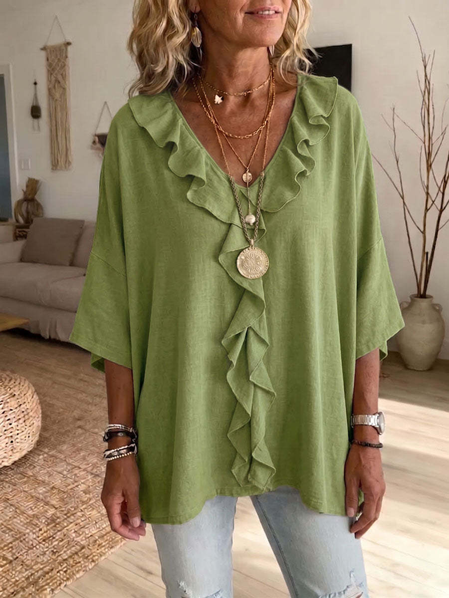 Women's Solid-color Ruffled V-neck 3/4-sleeve Casual Loose Cotton-linen Top