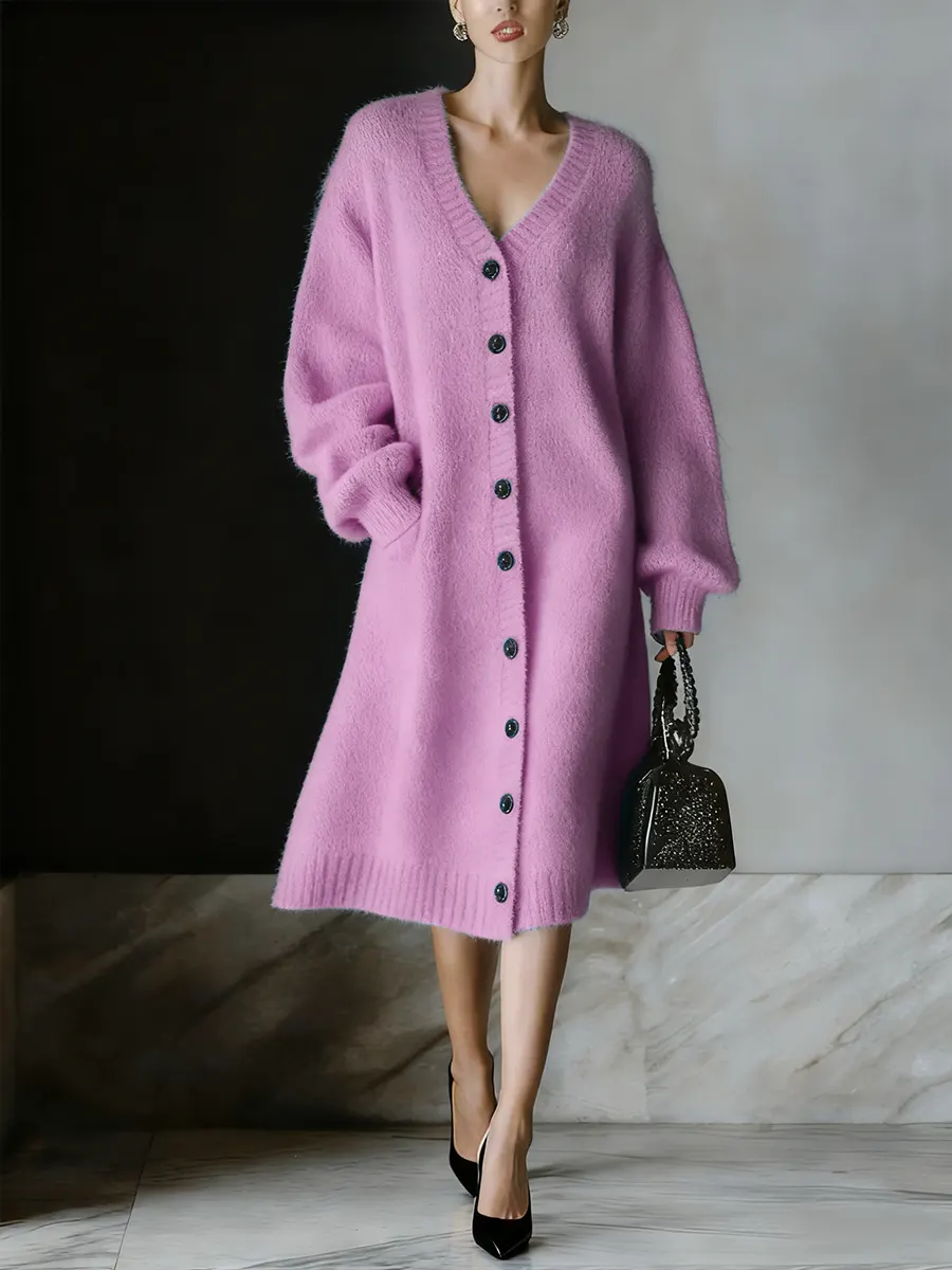 Women's Solid Color V-neck Long Sleeve Casual Loose Cardigan Dress