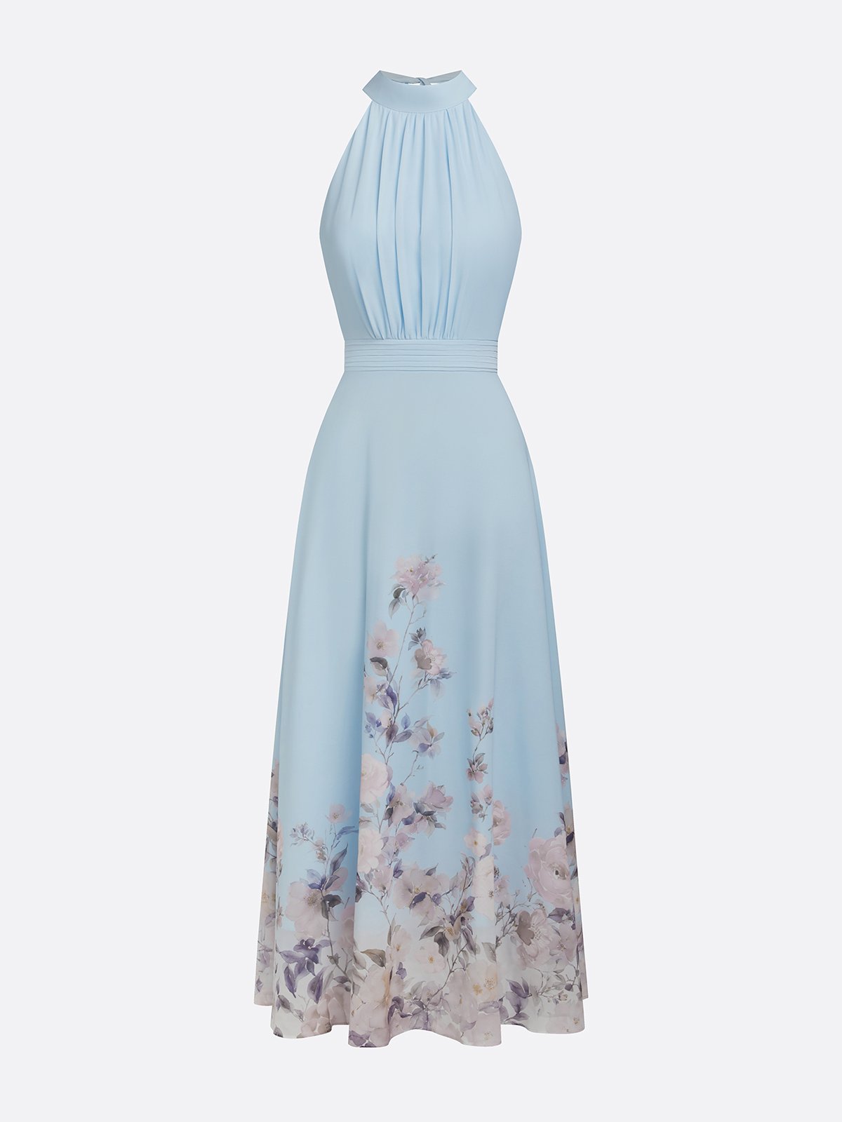 Light Blue Floral Chiffon Halter Sleeveless A-Line Maxi Dress