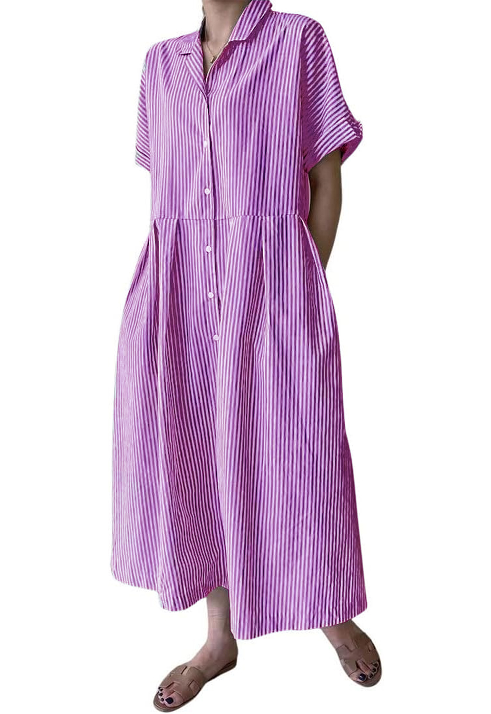 Women's Cotton Striped Shirt Dress Button Up Short Sleeve Midi Long Shift Dress with Pockets(Buy 2 free shipping)