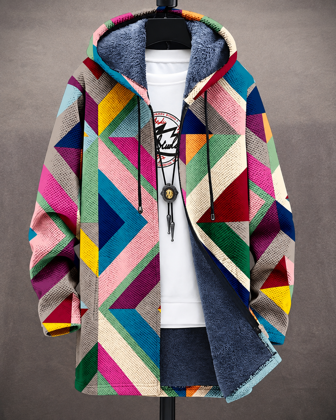 Geometric Plush Lined Hooded Jacket