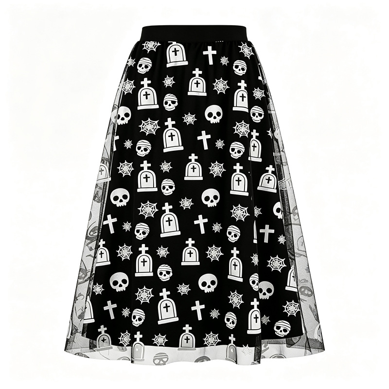 Polyester Women's High-waisted Casual Loose Halloween-themed Flocked Print Mesh A-line Skirt