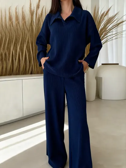 Women's Solid Color Collared Long-sleeved Casual Loose Top With Elastic Waist And Wide-leg Pants Set