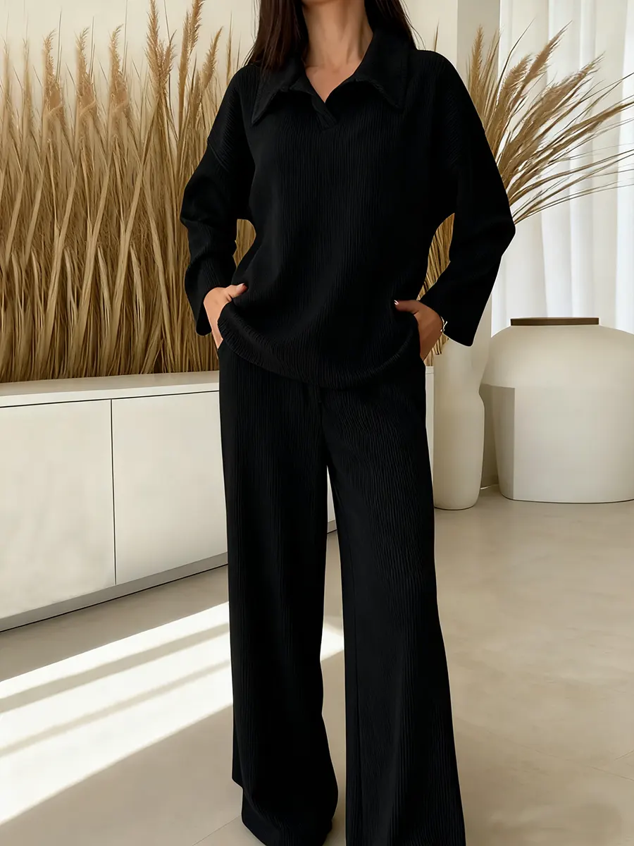 Women's Solid Color Collared Long-sleeved Casual Loose Top With Elastic Waist And Wide-leg Pants Set