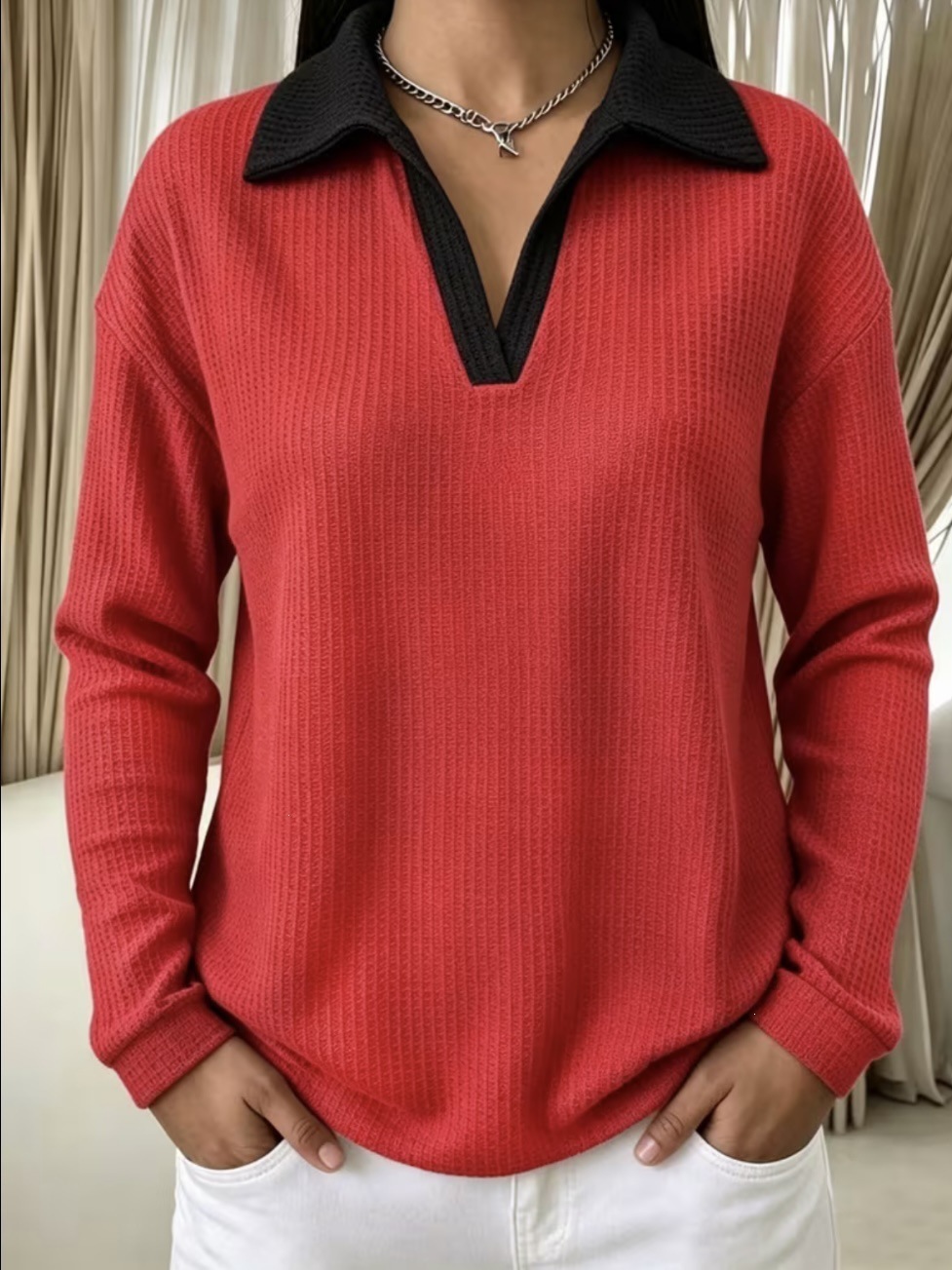 Waffle Knit Women Polo Shirt, Color Block Lapel V Neck Top
