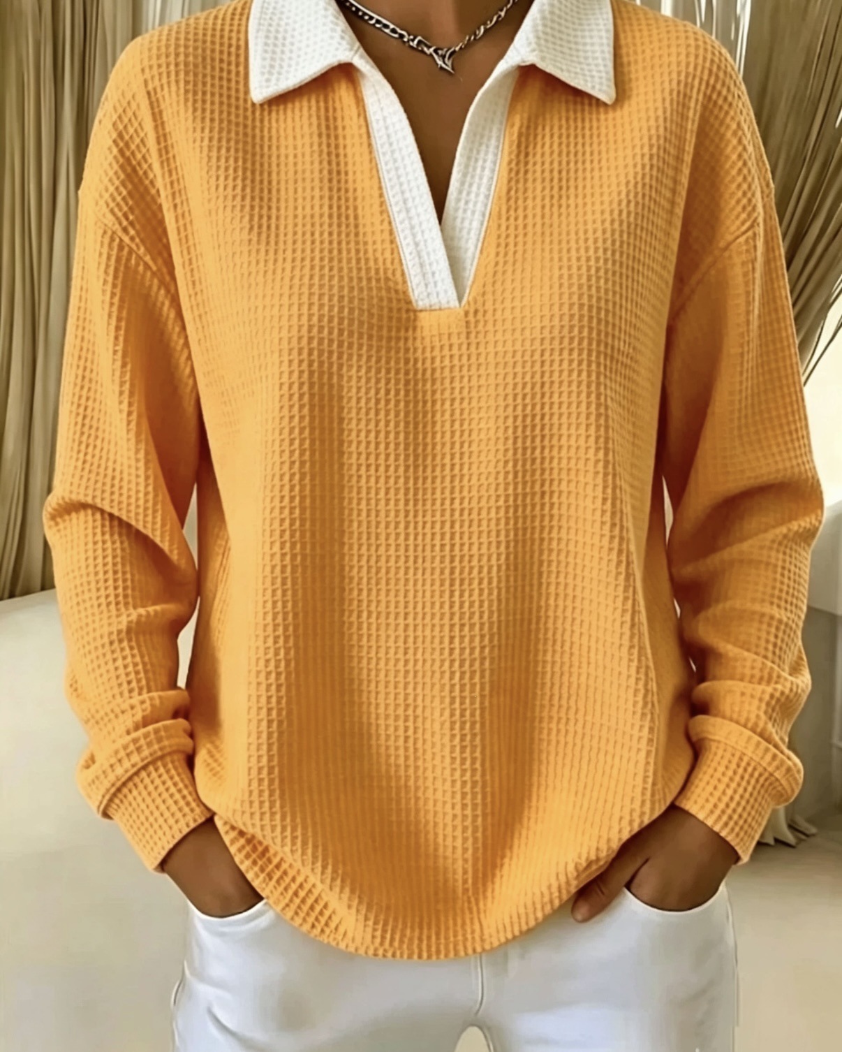 Waffle Knit Women Polo Shirt, Color Block Lapel V Neck Top