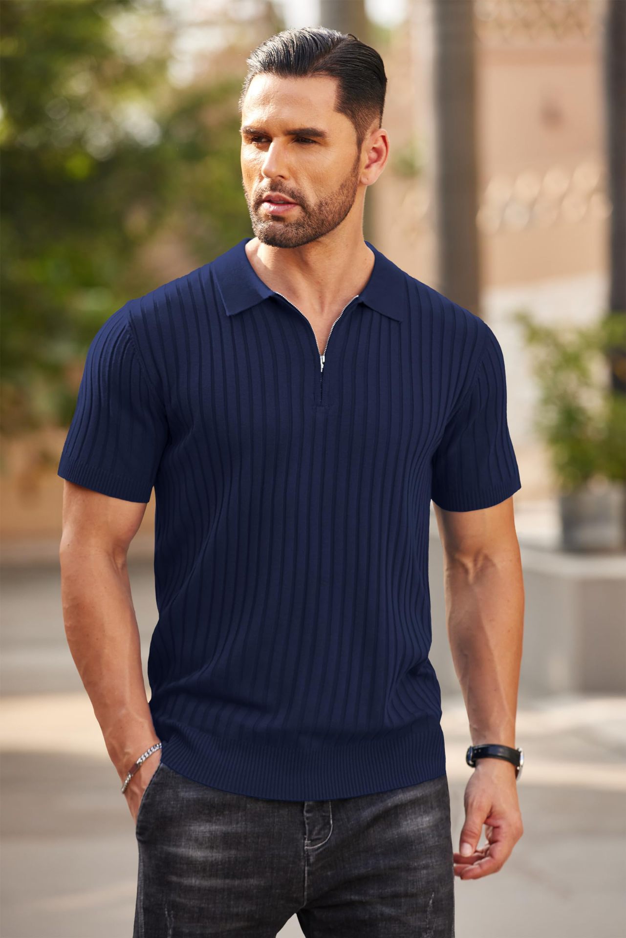 Men's Zipper Short Sleeve Ribbed Knit Polo T Shirts Golf Shirts
