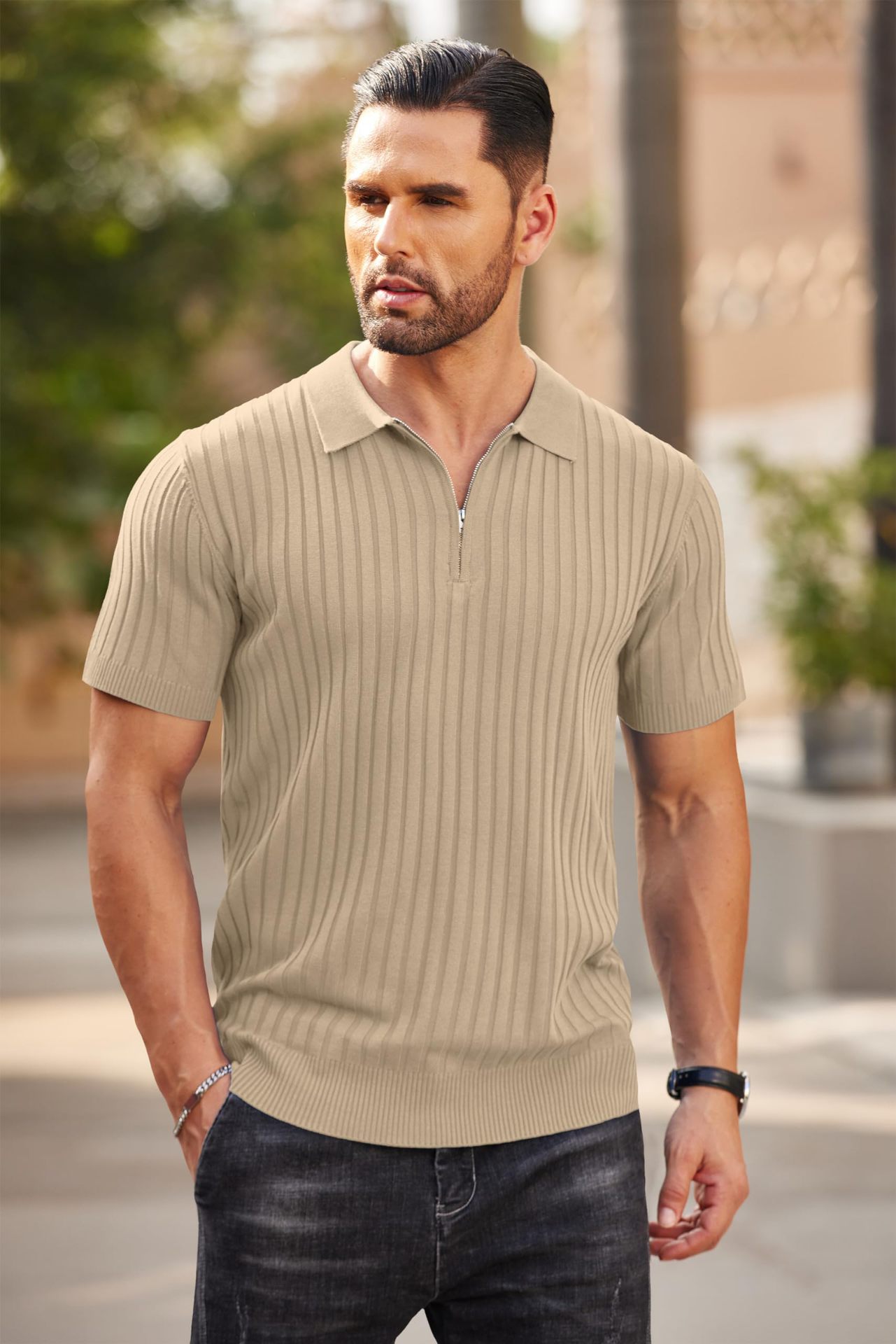 Men's Zipper Short Sleeve Ribbed Knit Polo T Shirts Golf Shirts