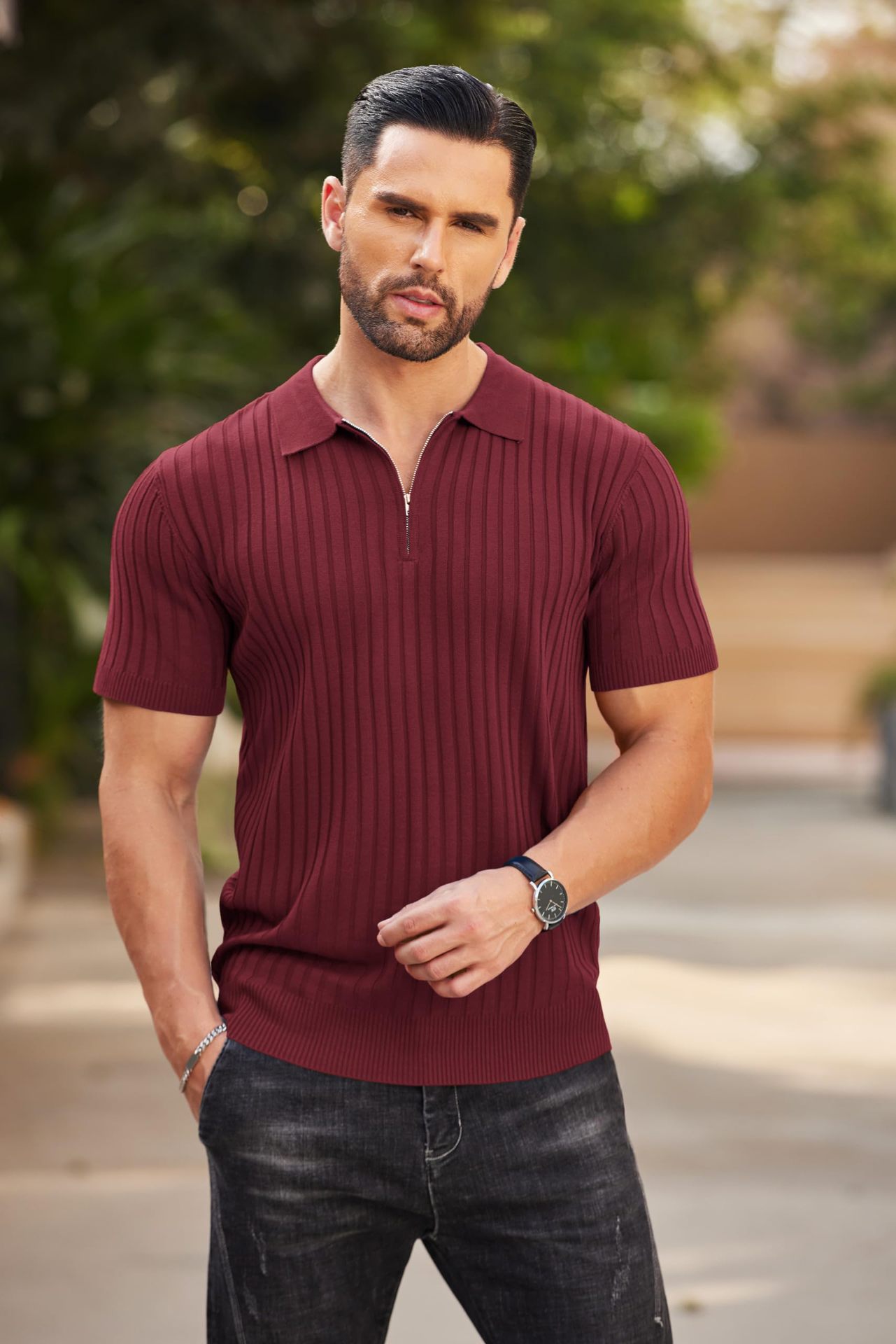 Men's Zipper Short Sleeve Ribbed Knit Polo T Shirts Golf Shirts