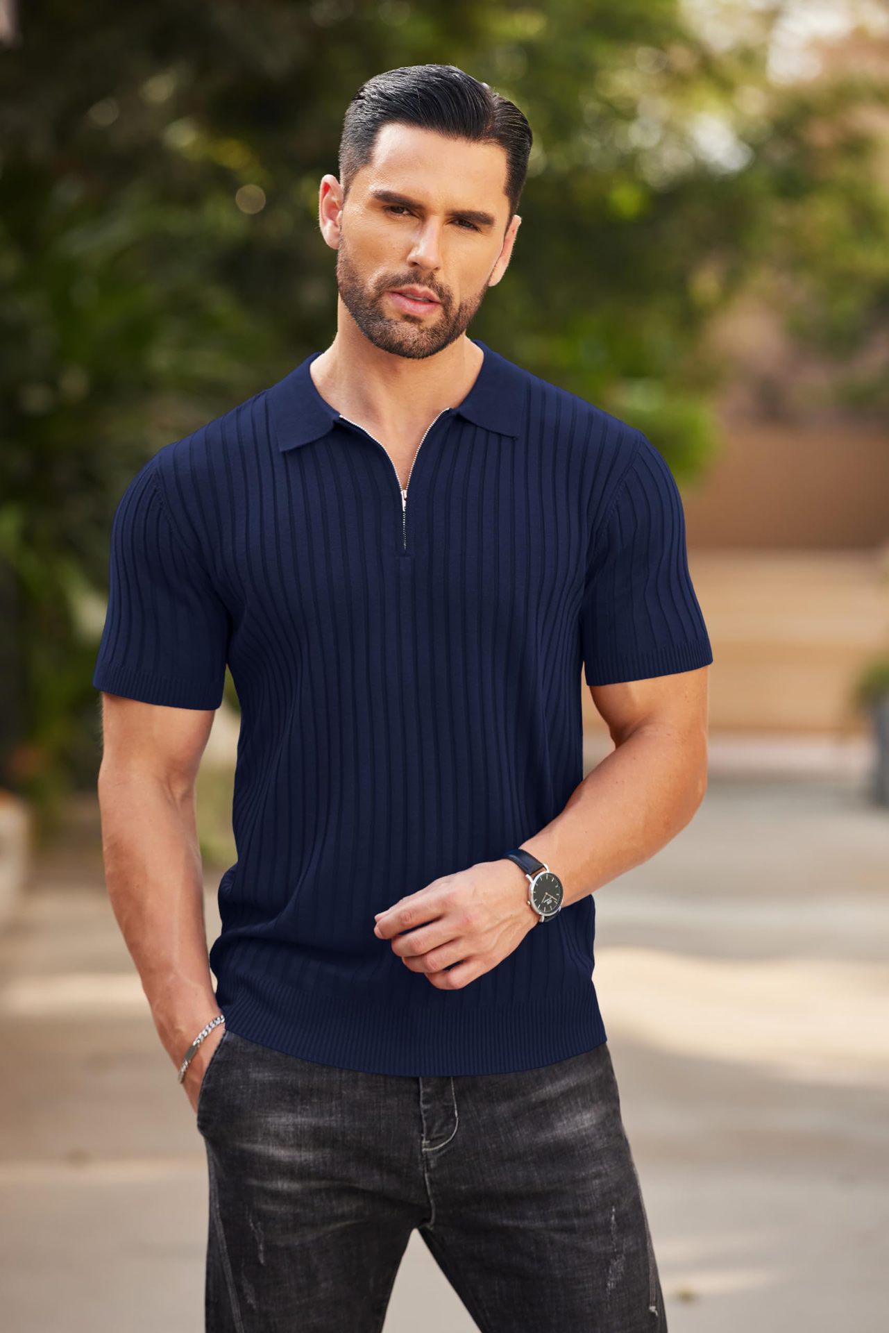 Men's Zipper Short Sleeve Ribbed Knit Polo T Shirts Golf Shirts